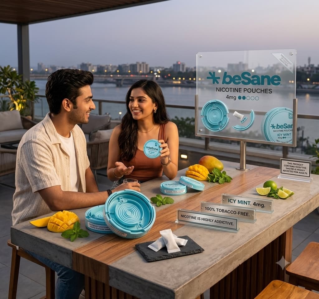 Two friends on a rooftop at dusk with BeSane tins and pouches on the table