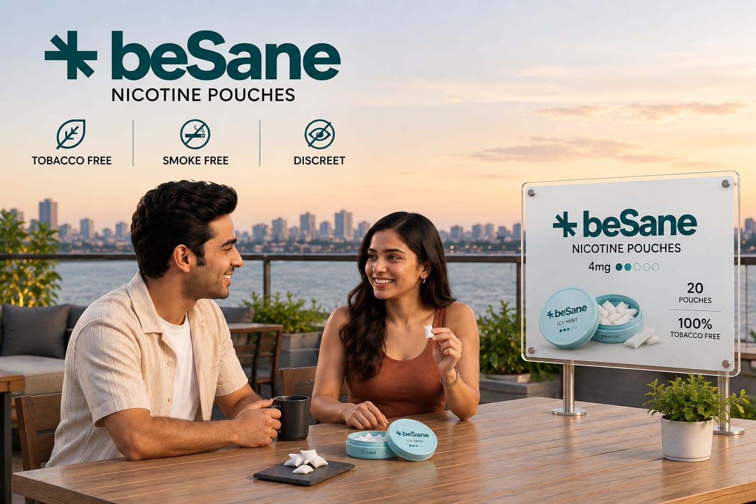 Two friends at a rooftop table at sunset, one holding a BeSane pouch, beside a BeSane display: 20 pouches, 100% tobacco free