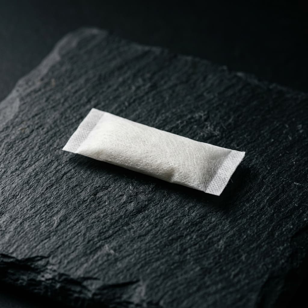 A single unbranded white nicotine pouch on slate